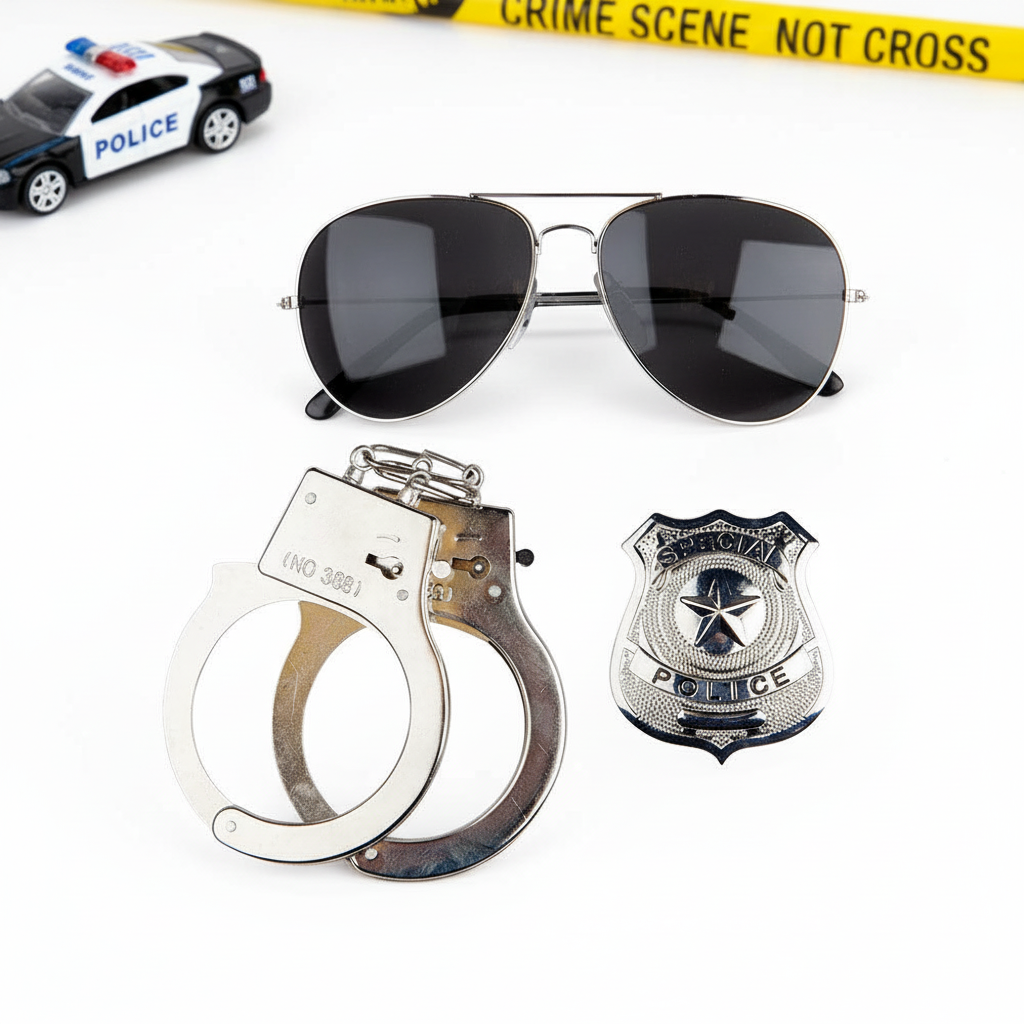 Instant Police Fancy Dress Set with glasses badge and handcuffs product shot