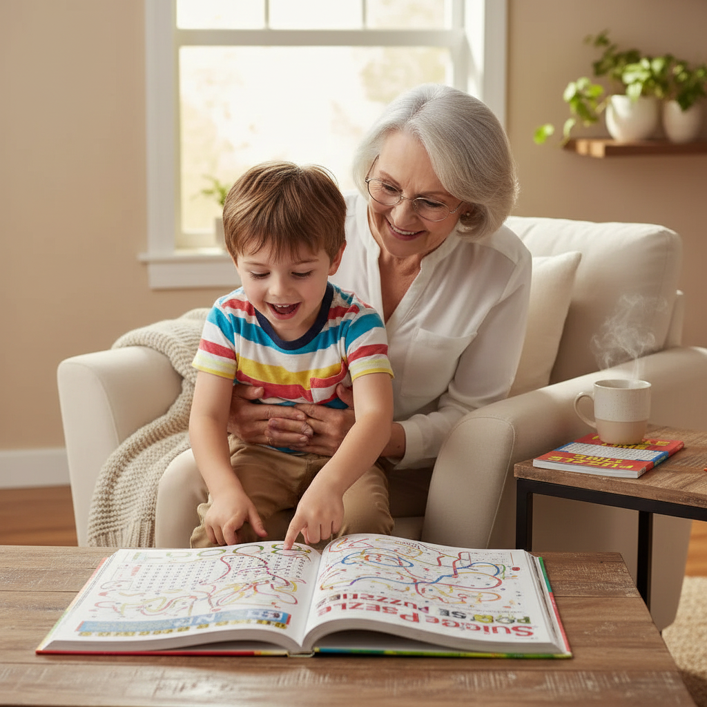Parent and child enjoying Squiggle puzzle activity book together, quality family time and learning