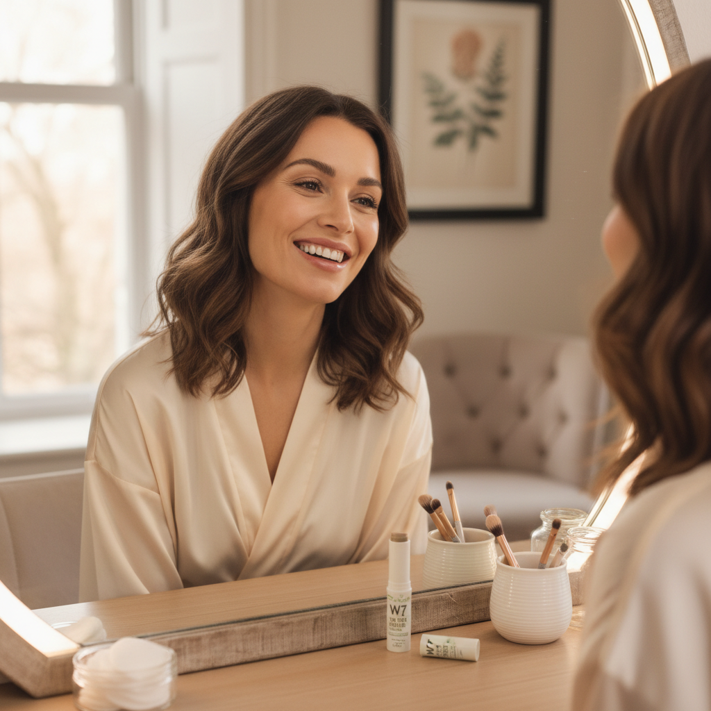 Confident woman admiring her clear, radiant skin after using W7 Tea Tree Concealer Stick at vanity mirror