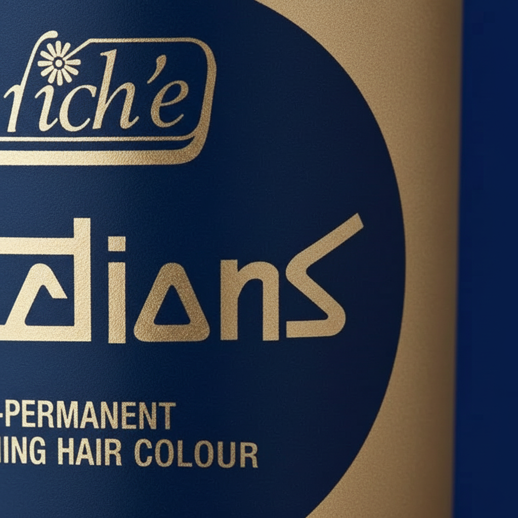 Extreme macro close-up of La Riche Directions Midnight Blue tub showing gold label texture and branding detail