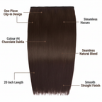 Feature infographic for 20 inch Chocolate Dahlia #4 clip-in hair extension highlighting key specs and benefits