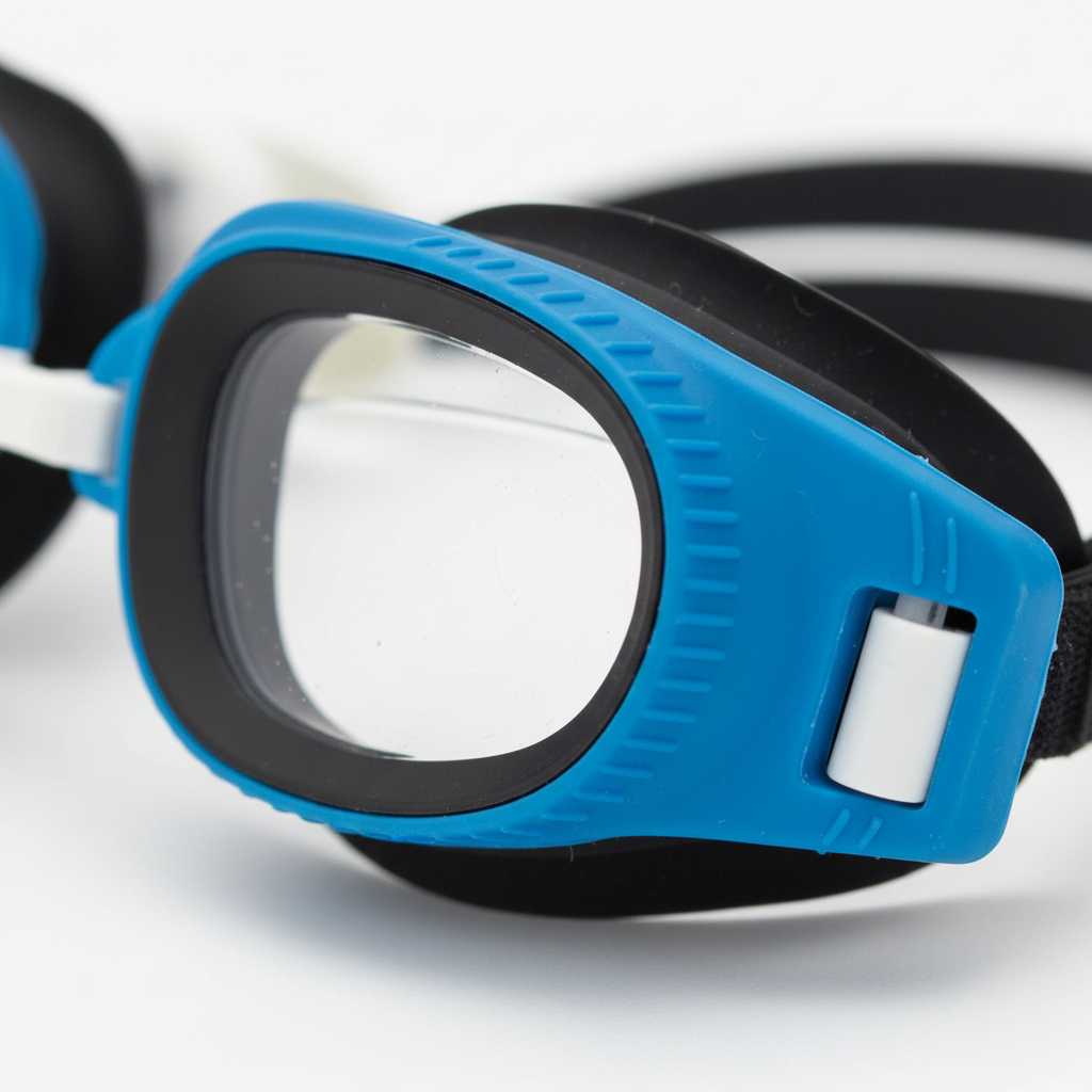 Extreme macro close-up of Osprey kids swimming goggles showing ultra clear lens clarity and soft silicone seal texture
