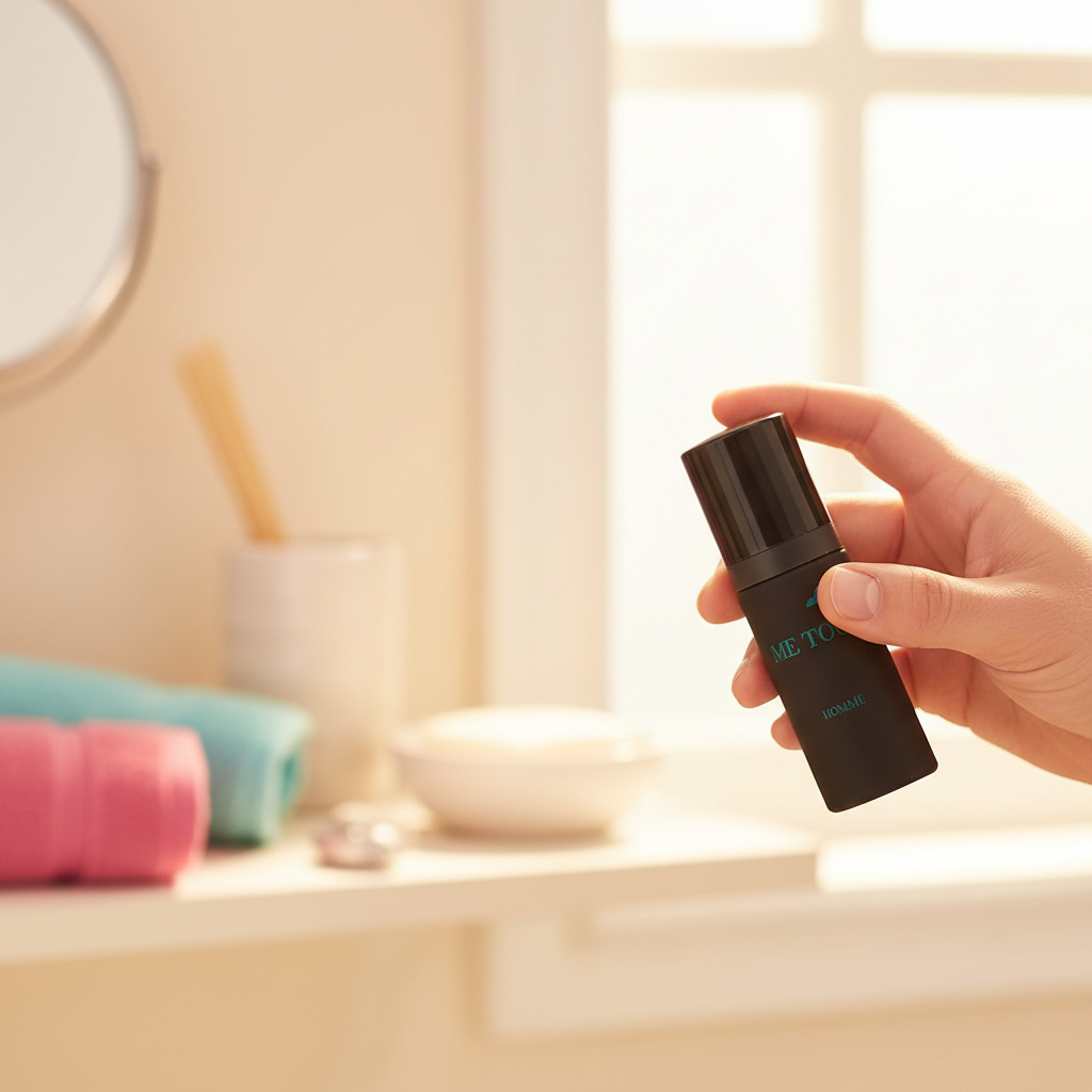 Man's hand picking up Milton Lloyd Me Too Homme black EDT spray bottle from bathroom shelf, warm bokeh