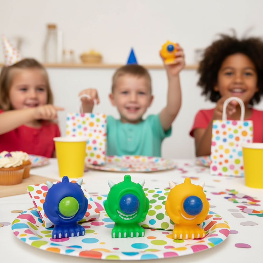Google Eyed Squeeze Monster toys on a party table as party bag gifts for children