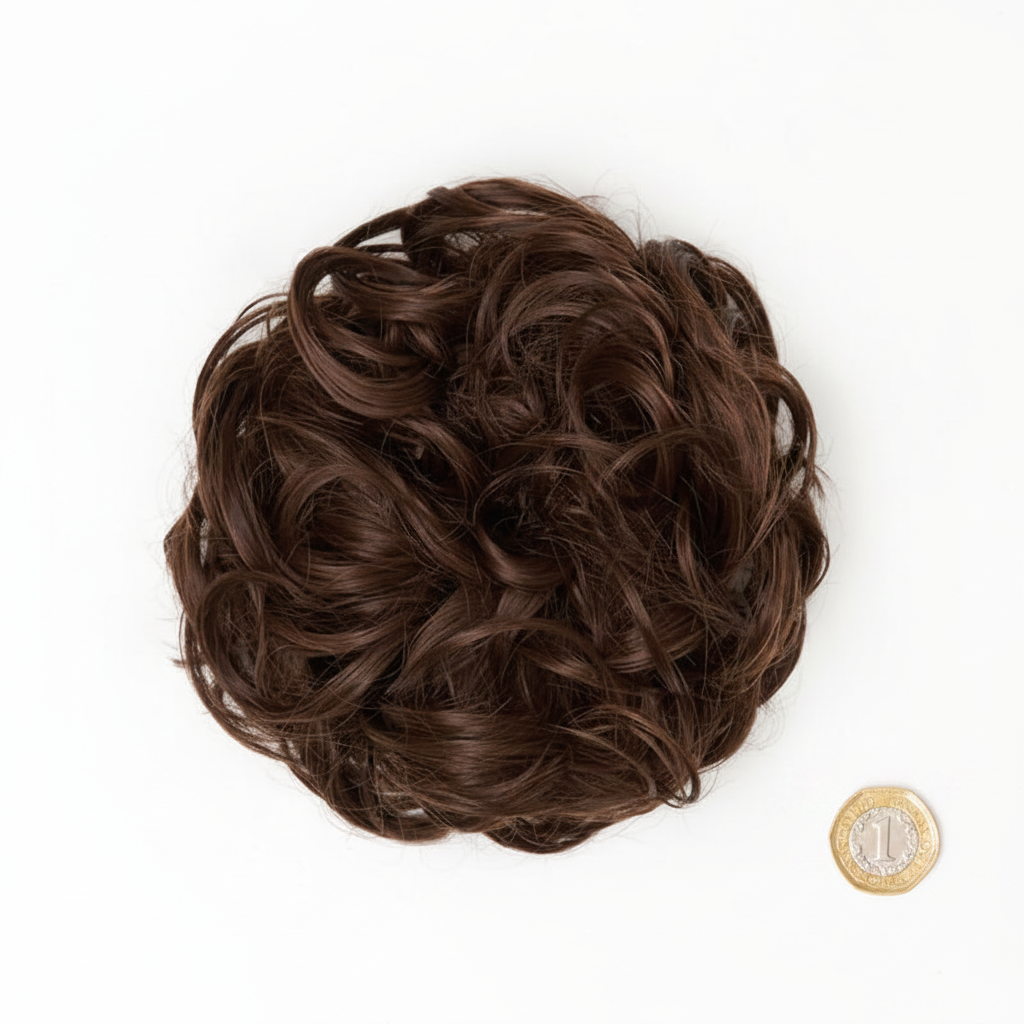 Flat lay of warm chestnut brown curly messy hair bun 6 Daylillies beside a £1 coin showing product size, clean white background with soft overhead lighting