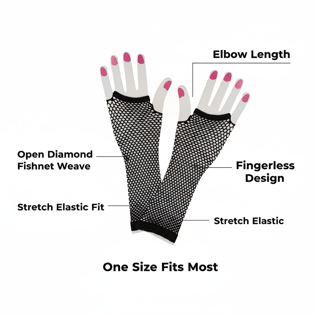Black fishnet gloves infographic showing key features: elbow length, open diamond fishnet weave, fingerless design, stretch elastic fit, one size fits most