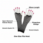 Black fishnet gloves infographic showing key features: elbow length, open diamond fishnet weave, fingerless design, stretch elastic fit, one size fits most