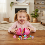 Excited young girl cracking open a Magical Kingdom Enchanted Egg toy, discovering collectible figures inside at home