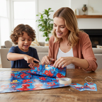 Parent and child wrapping birthday present with Spiderman wrapping paper