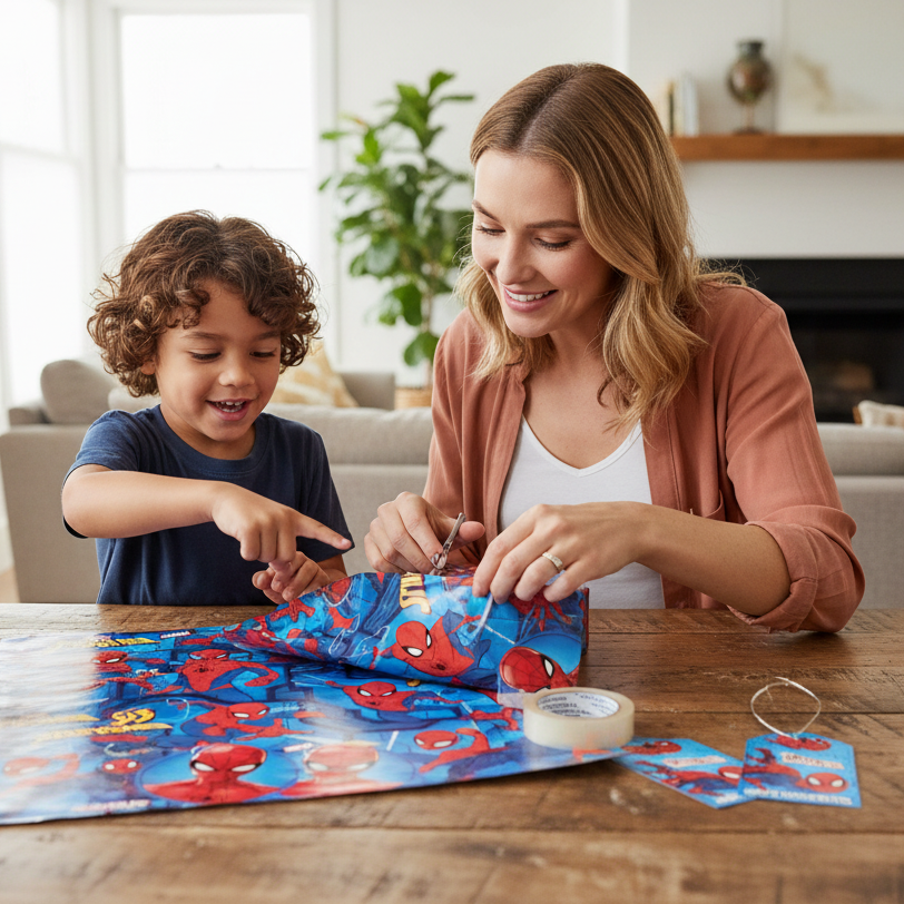 Parent and child wrapping birthday present with Spiderman wrapping paper