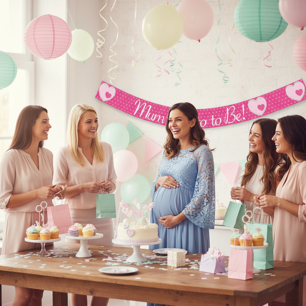 Pregnant woman celebrating at baby shower with Mum To Be banner in background