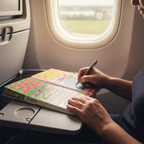 Crossword puzzle book being solved on a travel tray table - Why Not Shop