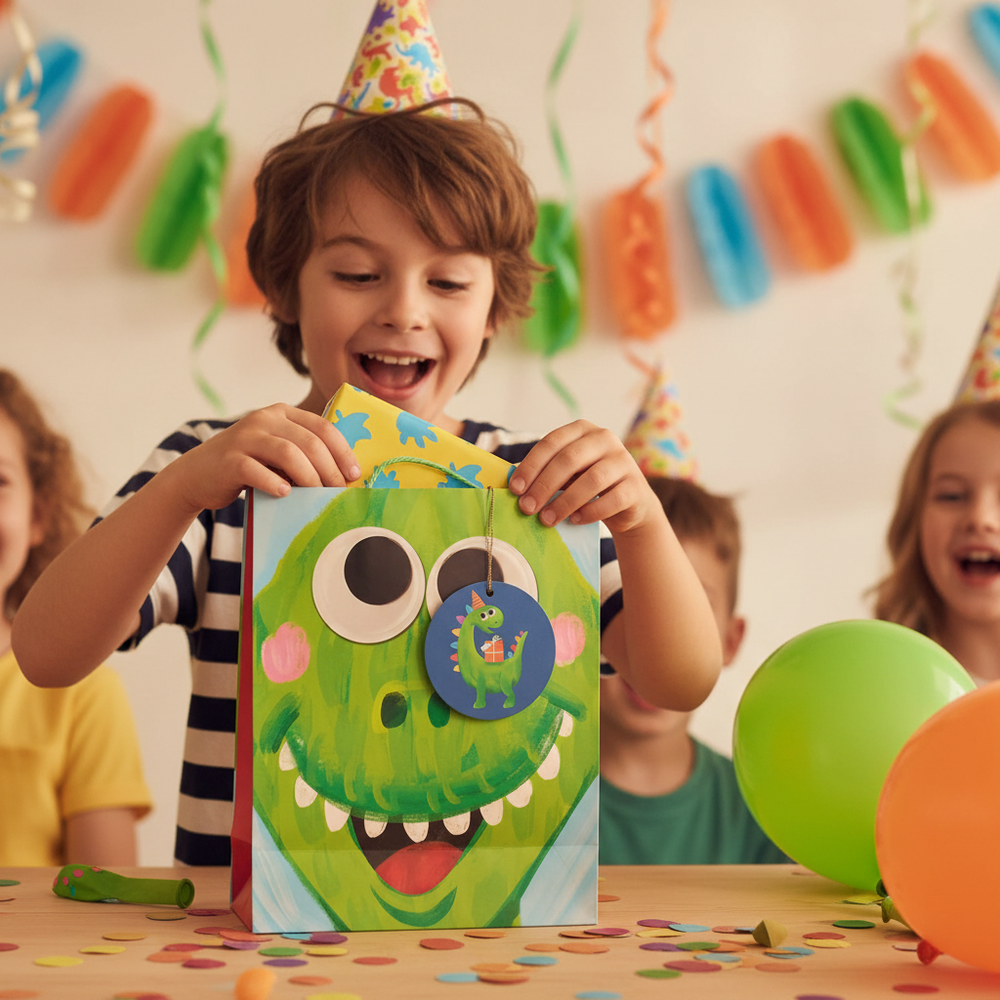Excited young boy opening a kids dinosaur gift bag at a fun birthday party