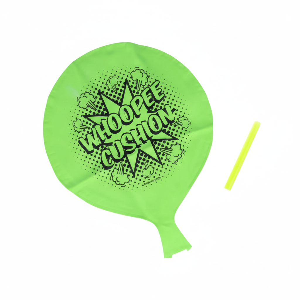 Neon lime green whoopee cushion 16.5cm with black starburst graphic on pure white background, studio hero shot