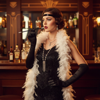 Glamorous woman in 1920s costume with black cigarette holder at vintage speakeasy bar