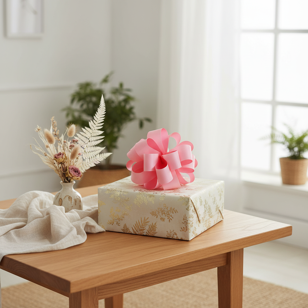 Large light pink pull bow on a wrapped gift box in a bright airy home interior setting