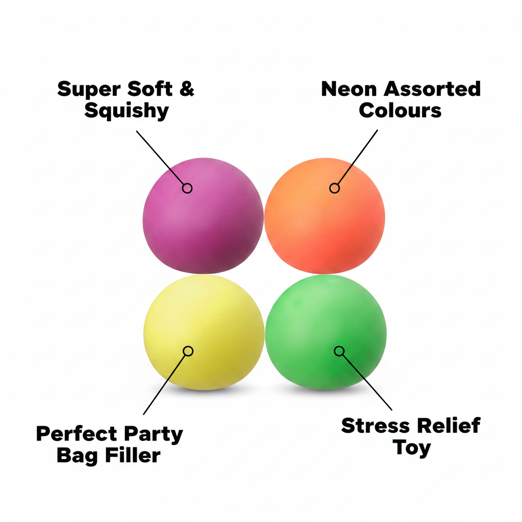Neon squishy balls feature infographic showing key benefits: super soft, neon colours, party bag filler, stress relief toy
