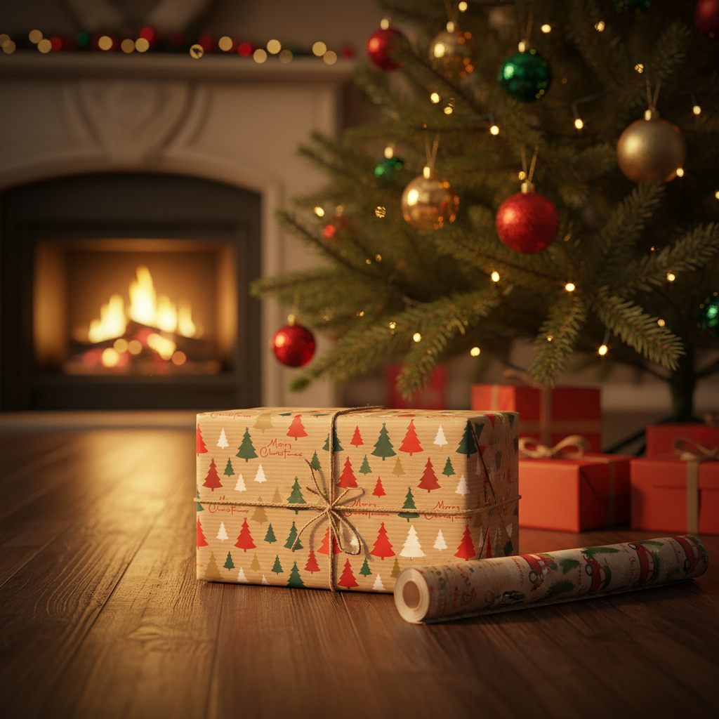 Wrapped Christmas gift in kraft wrapping paper under a Christmas tree with warm golden light