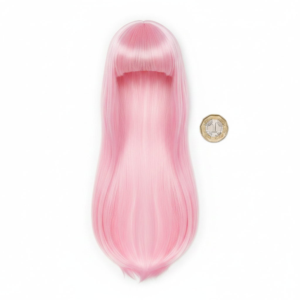 Pink fringe wig flat lay on white background beside a £1 coin showing scale