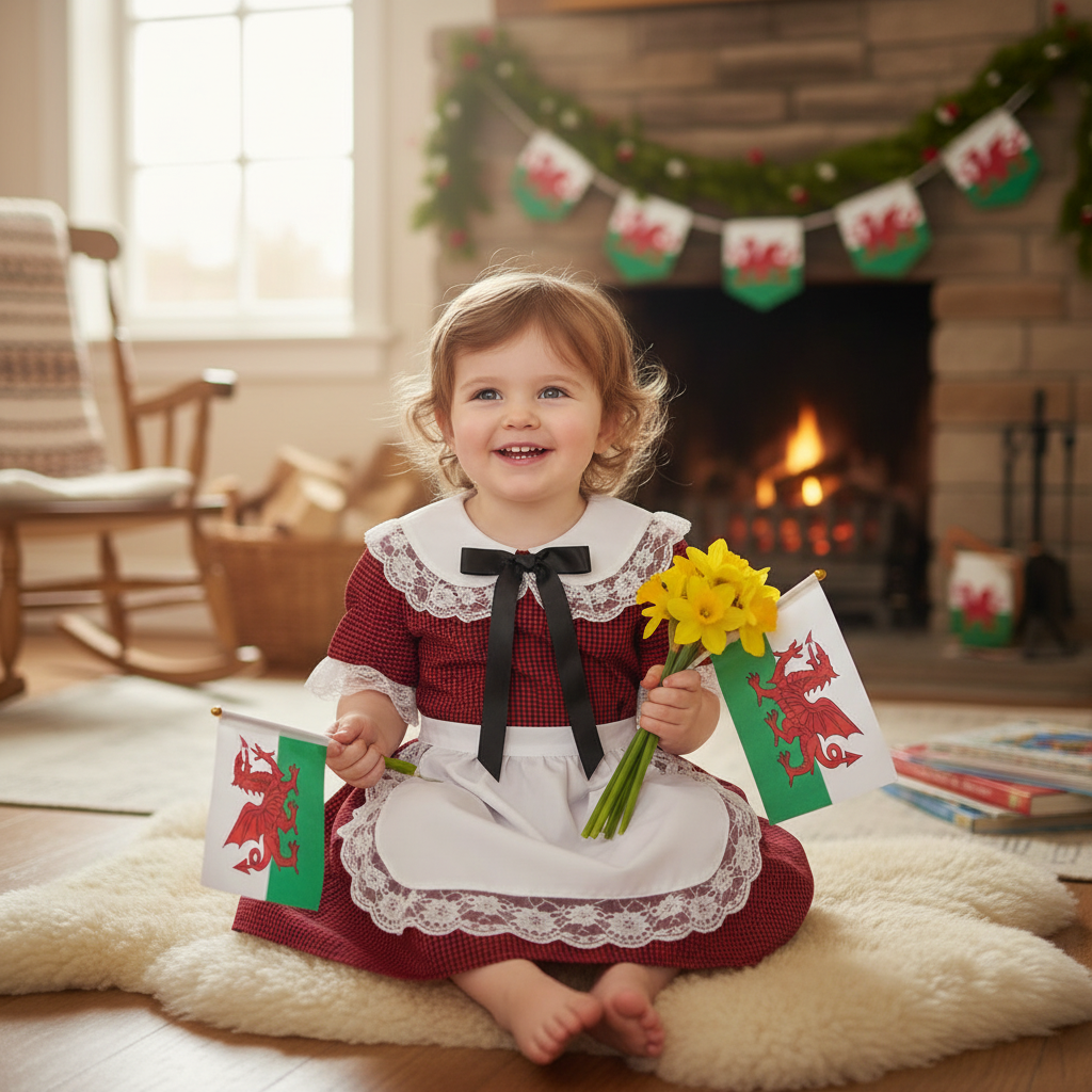 Happy toddler aged 1-2 years wearing traditional Welsh costume with red dress and white lace in cozy home setting for St David's Day