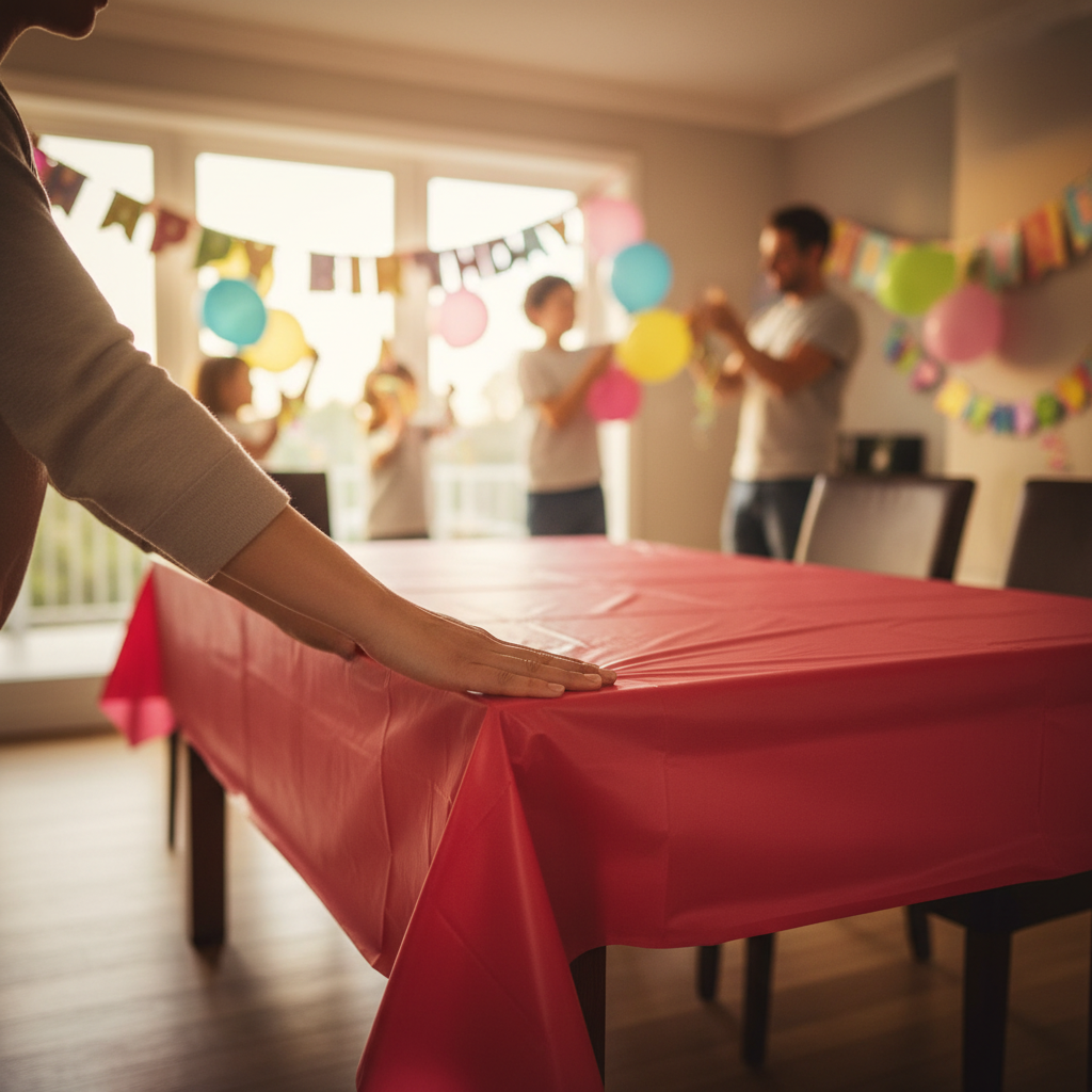 Family setting up a birthday party table with a ruby red plastic table cover
