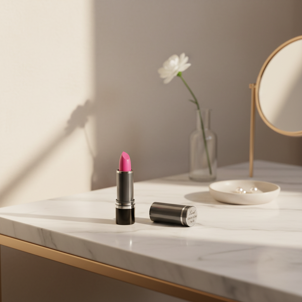 Laval Pink Lipstick Dawn Glow 38 matte black tube on marble vanity dressing table with mirror