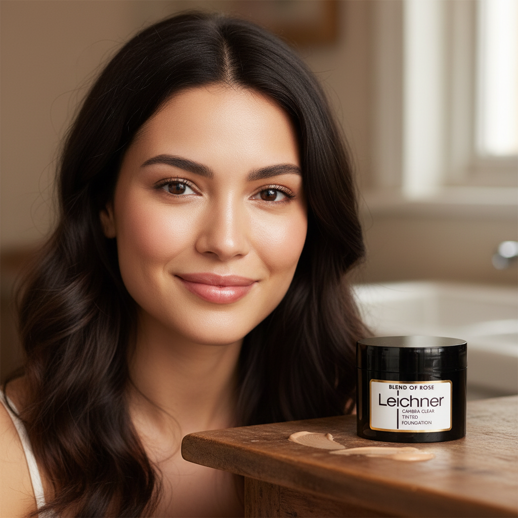 Woman with flawless camera-ready glowing skin — the result of using Leichner Camera Clear Tinted Foundation