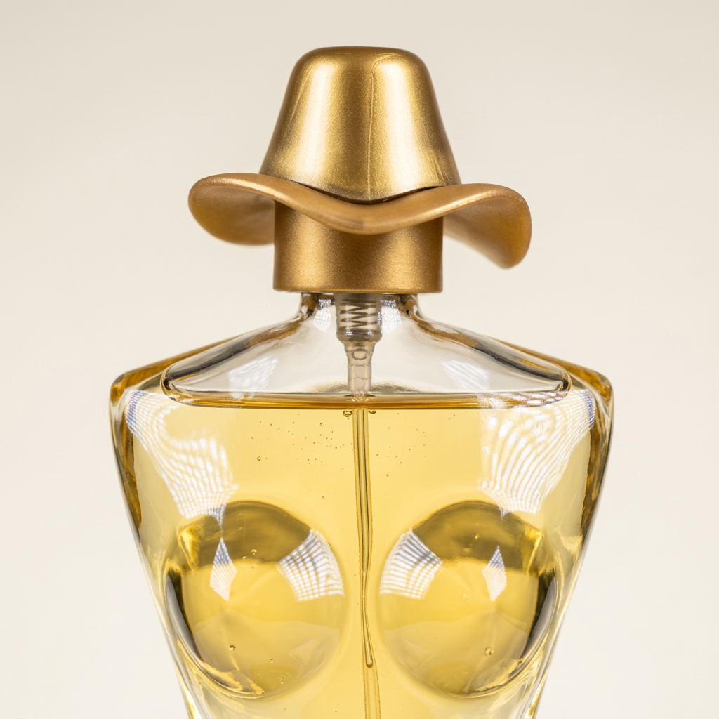 Close-up of Revitalise Fantasy perfume gold cowboy hat cap and clear glass shoulders.