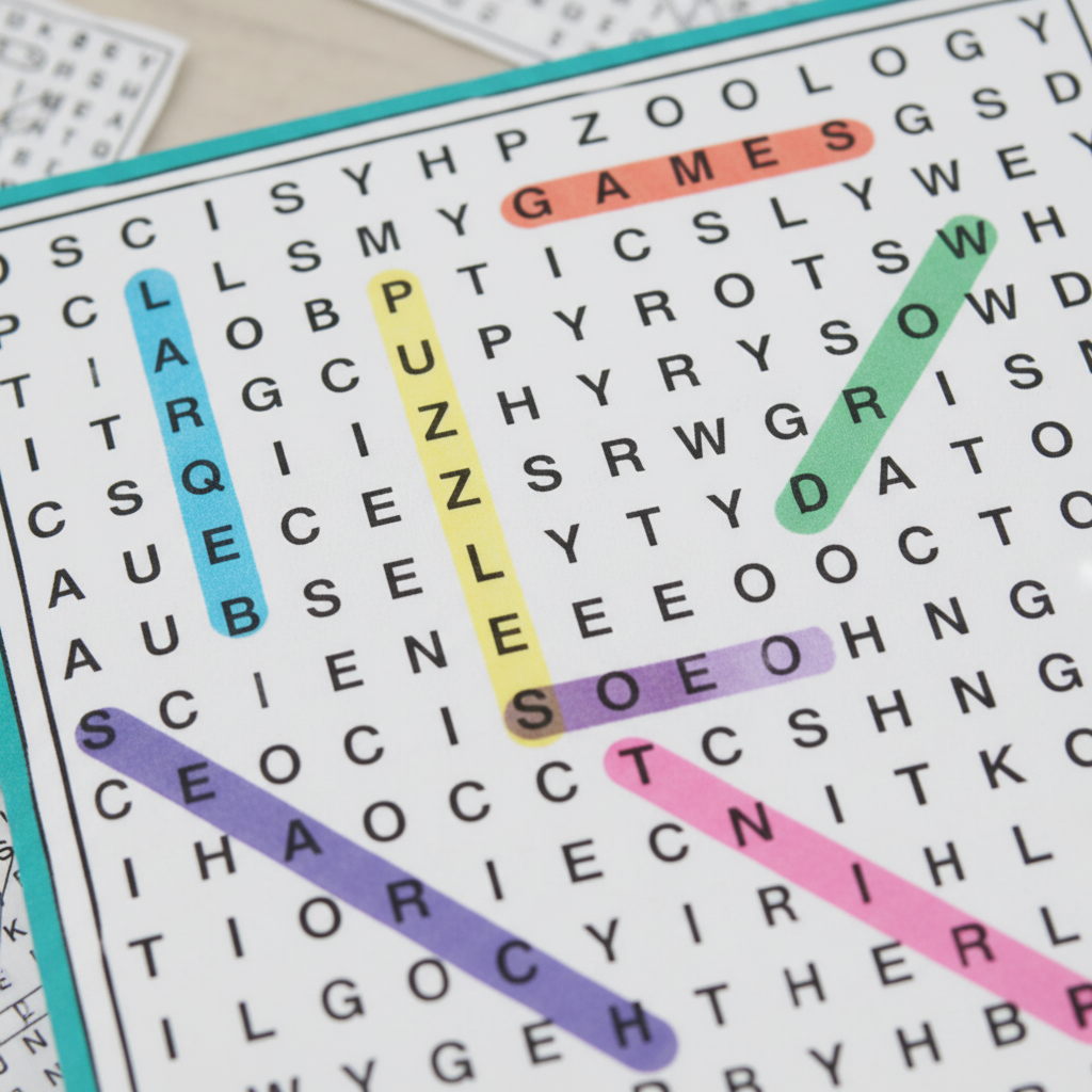 Macro close-up of A5 Mega Wordsearch Puzzle Book interior grid with colourful highlighter marks