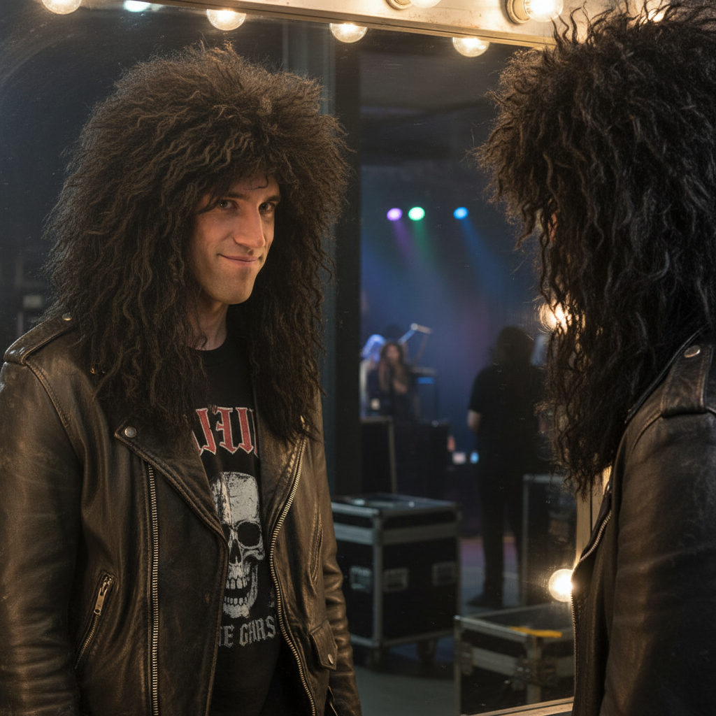 Man wearing black rockstar wig backstage at a rock concert looking confidently into a mirror