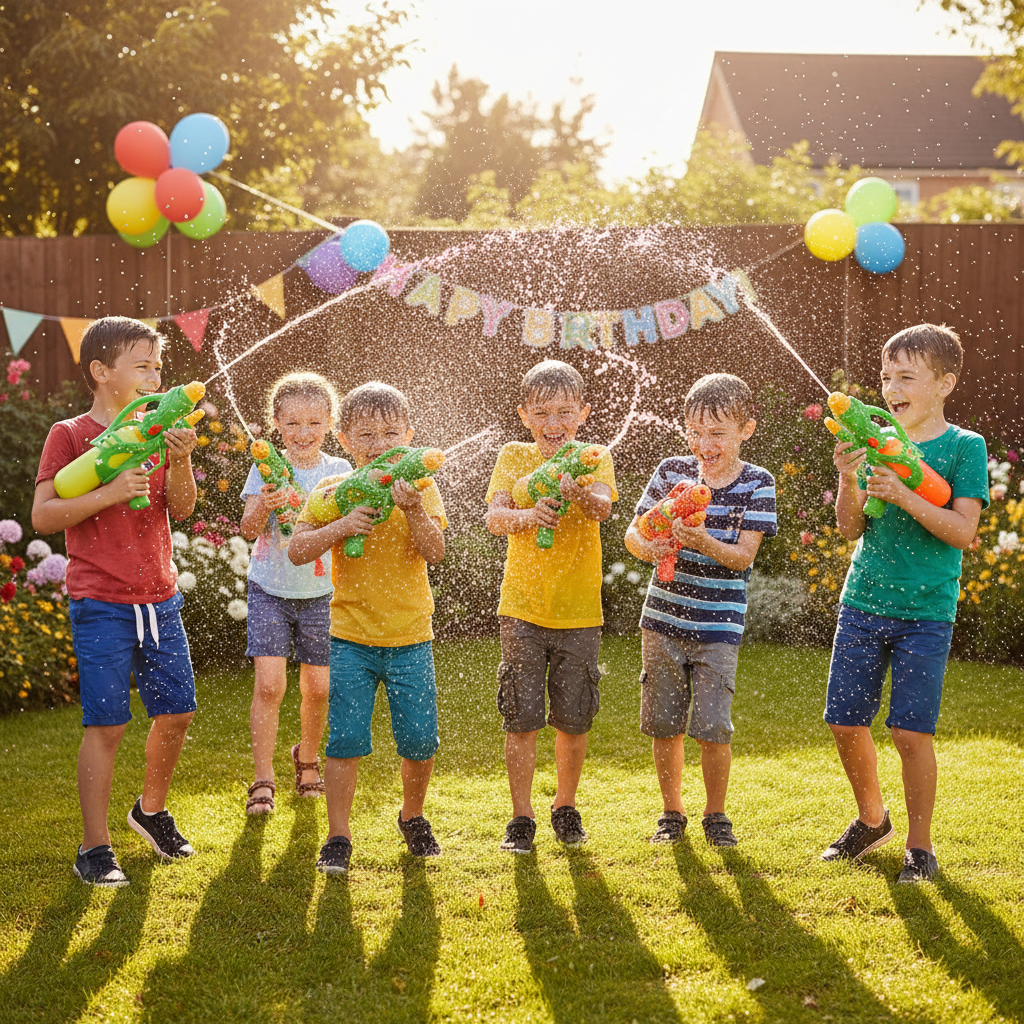 Children having birthday party water fight with Hydrostorm Water Gun 28cm - Why Not Shop