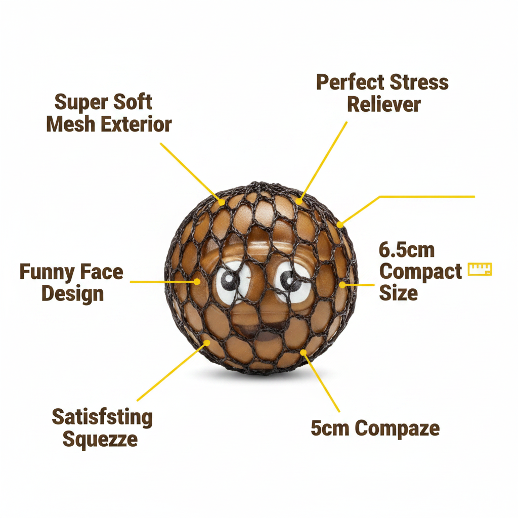 Squeezy Funny Face Poop 6.5cm feature infographic showing mesh exterior, funny face design, squeeze action and compact size