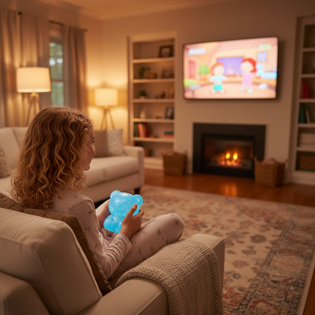 Young girl relaxing on sofa with Scrunchems Kind Heart Squish Bear squishy toy in cosy living room