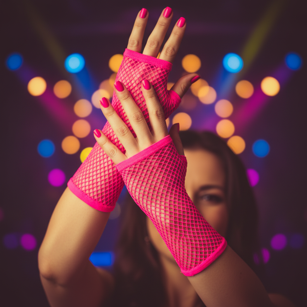 Woman's hands wearing neon pink fingerless fishnet net gloves with all fingers bare and exposed, confidently posed at an 80s themed party with neon lights in soft bokeh background