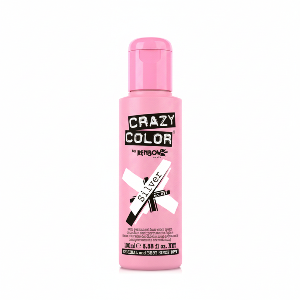 Crazy Color Silver No.27 semi-permanent hair dye 100ml pink bottle on white studio background