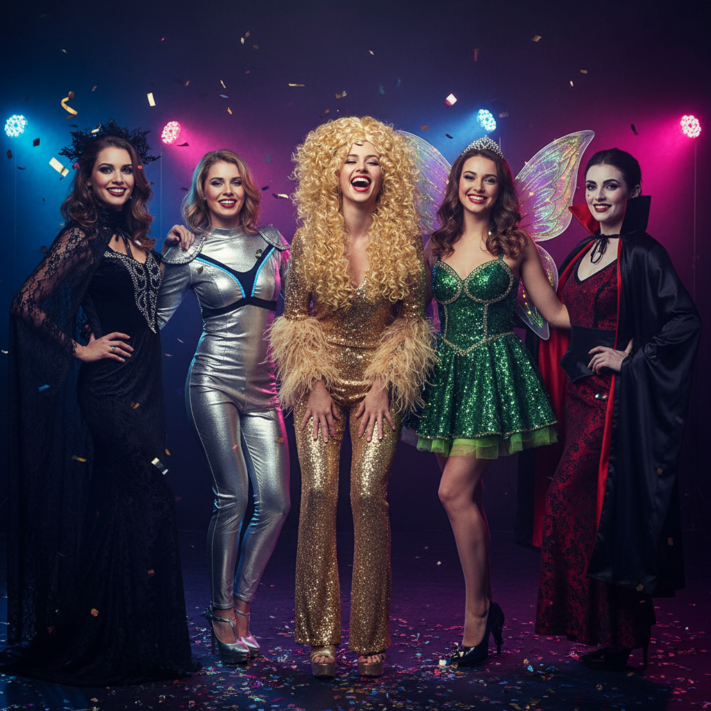 Group of women at a Halloween fancy dress party with central woman wearing long blonde curly wig