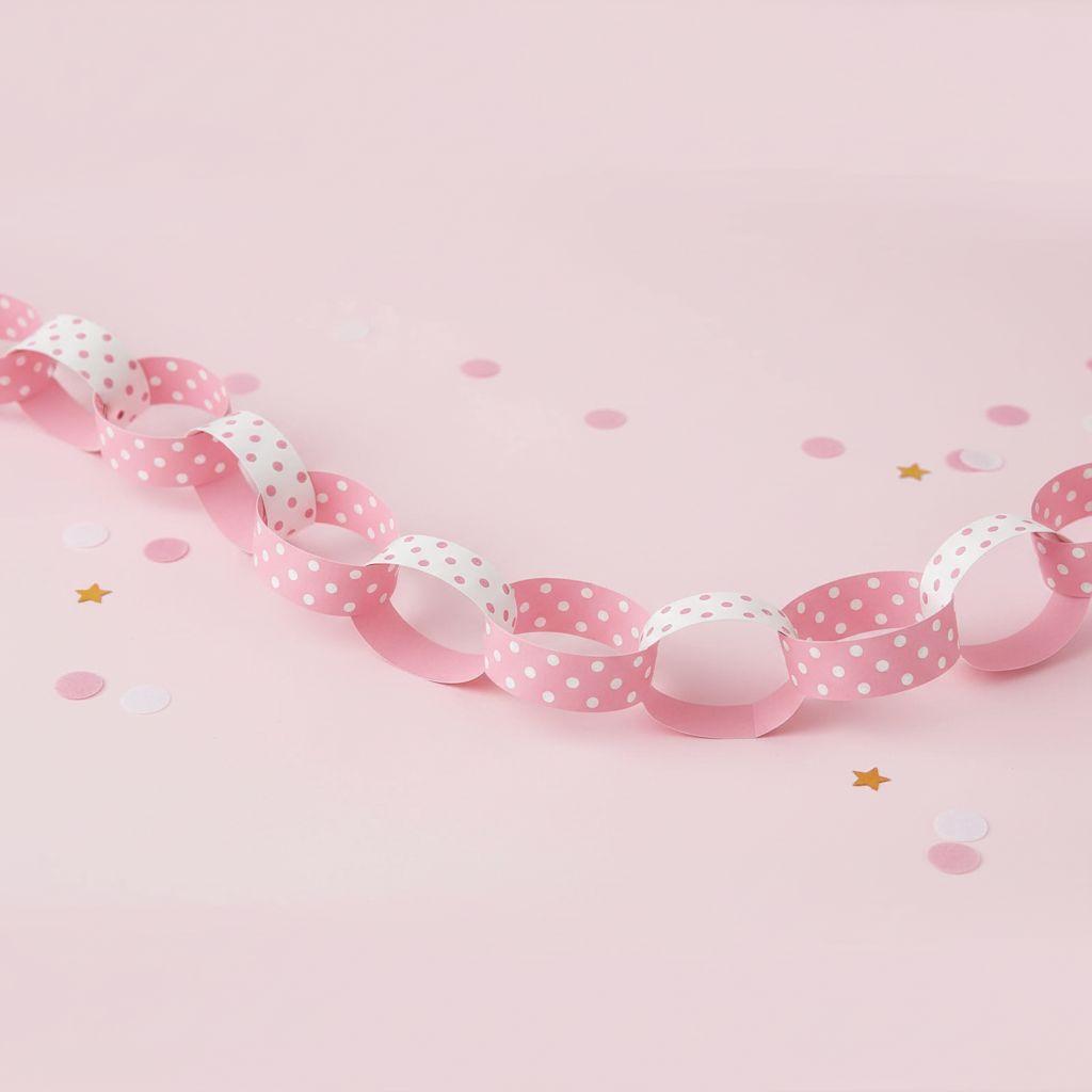 Pink polka dot paper chain decoration 2.4m product shot on pastel background