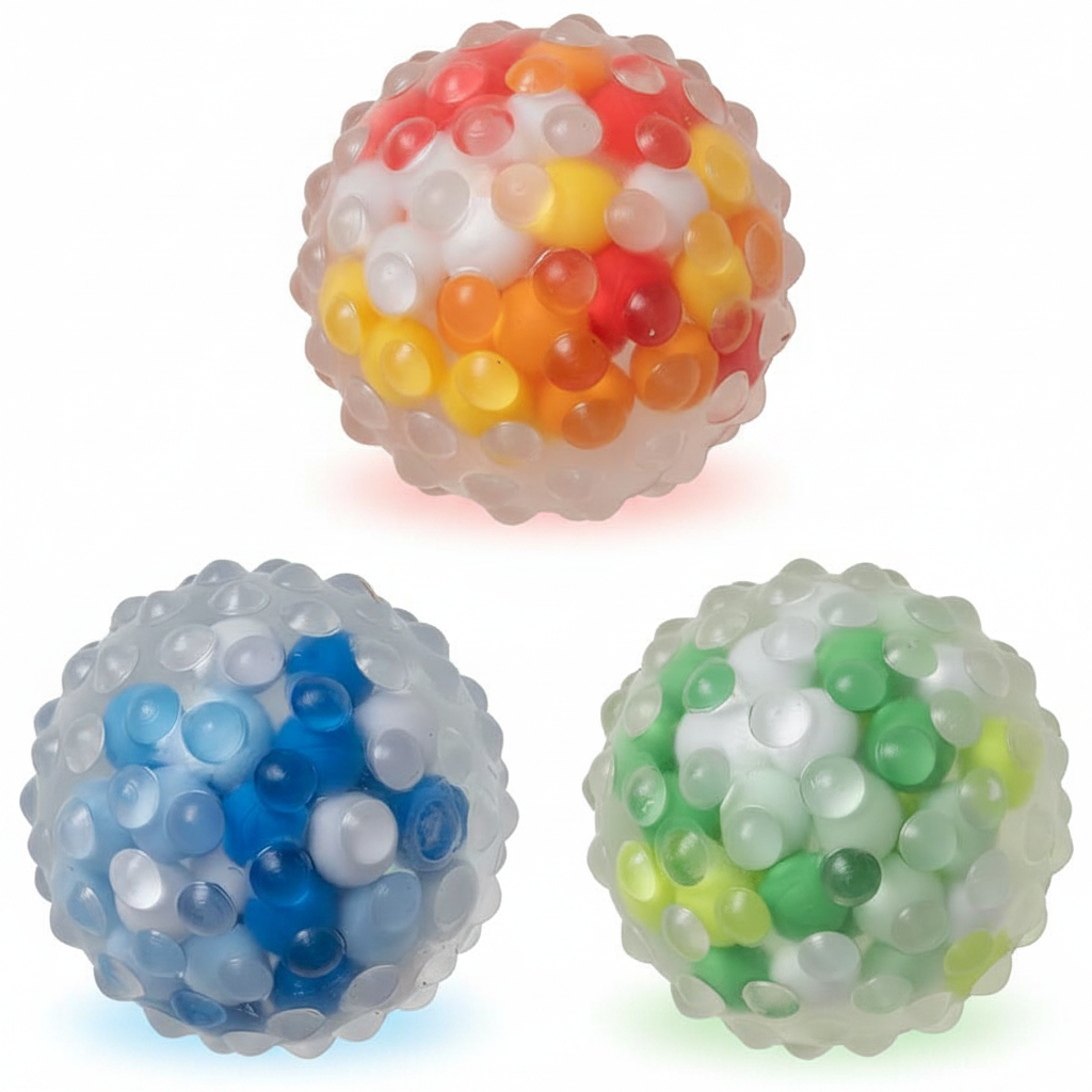 Three Molecule Madness squishy water bead stress balls in red orange yellow, blue white, and green yellow colours on white background