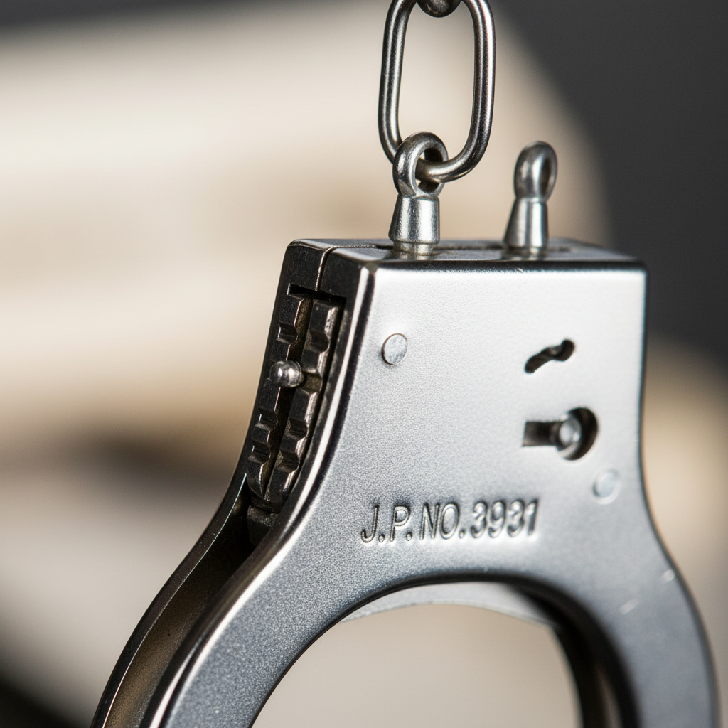 Extreme macro close-up of polished chrome metal handcuff ratchet mechanism and chain link connector detail
