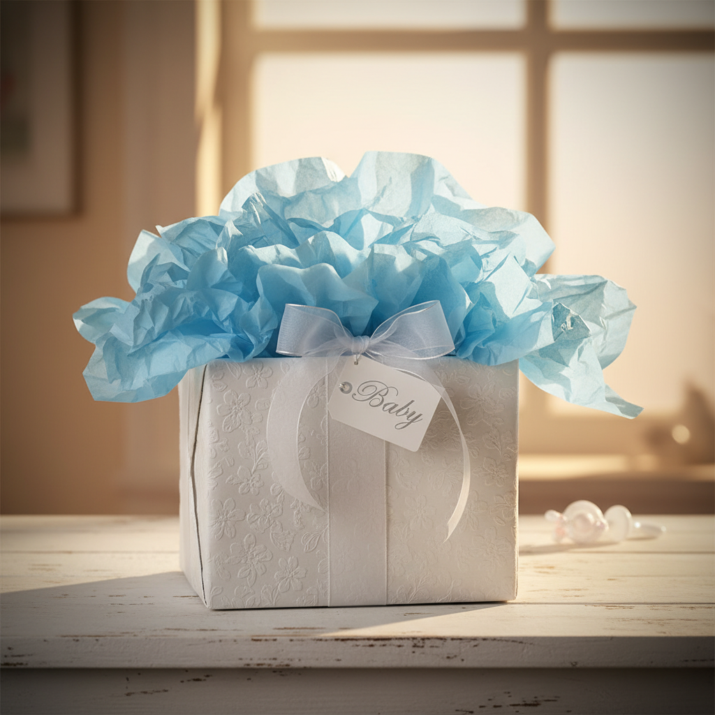 Gift box overflowing with light blue tissue paper on a white wooden table in warm golden hour light, baby shower celebration scene