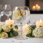 Art Deco 60th Birthday Gin Glass filled with gin and tonic garnished with lemon at a birthday celebration table