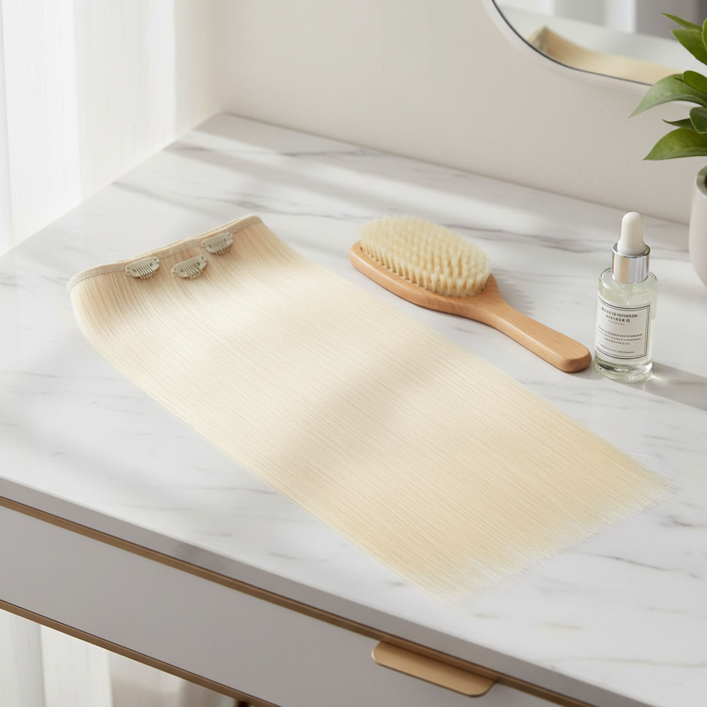 20 inch platinum blonde clip-in hair extension #613 Daisy displayed on a marble vanity surface with beauty accessories