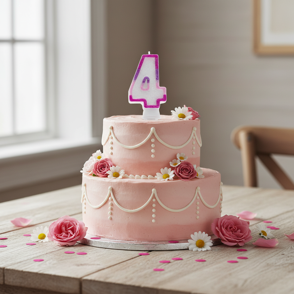 Pink glitter number 4 birthday candle on a decorated birthday cake with natural window light and pink confetti