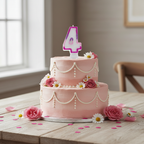 Pink glitter number 4 birthday candle on a decorated birthday cake with natural window light and pink confetti