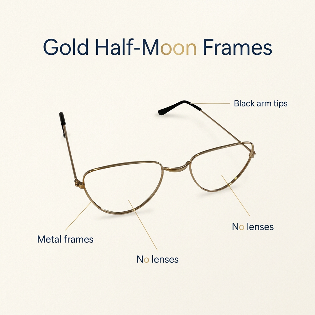 Gold half-moon frames infographic highlighting metal frames, no lenses and black arm tips