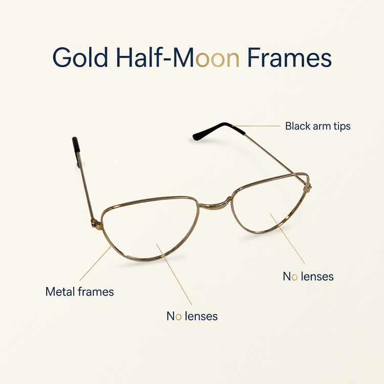 Gold half-moon frames infographic highlighting metal frames, no lenses and black arm tips