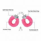 Pink fur hen party handcuffs infographic showing key product features
