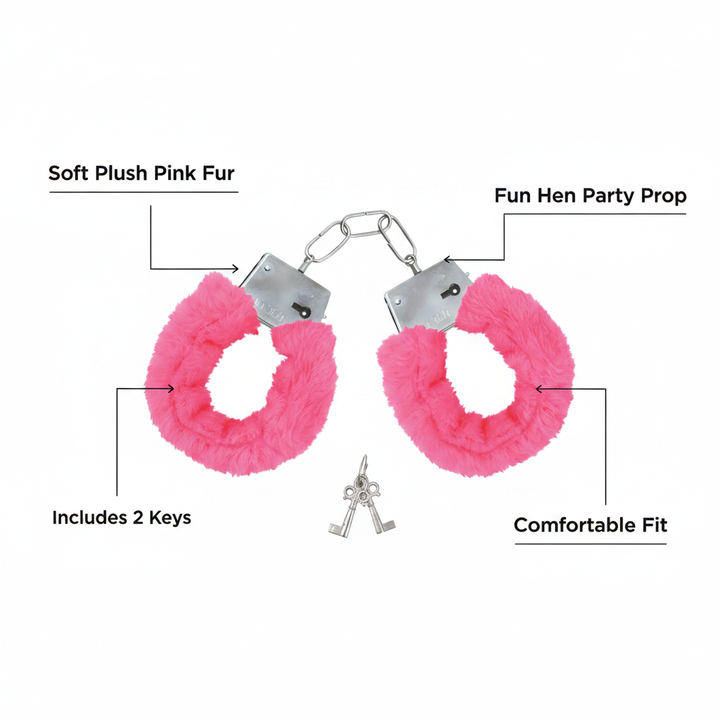 Pink fur hen party handcuffs infographic showing key product features