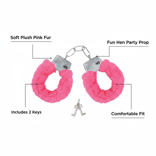 Pink fur hen party handcuffs infographic showing key product features