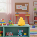 Large yellow squishy triangle cheese toy on a child's bedroom shelf with natural window light, lifestyle setting